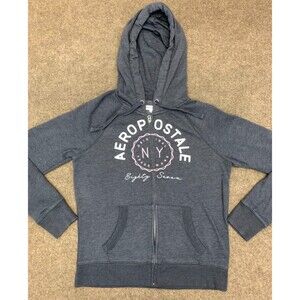 Vintage Aeropostale Hoodie Womens M NY 87 Spell-Out Logo Raglan Fleece Zip-Up